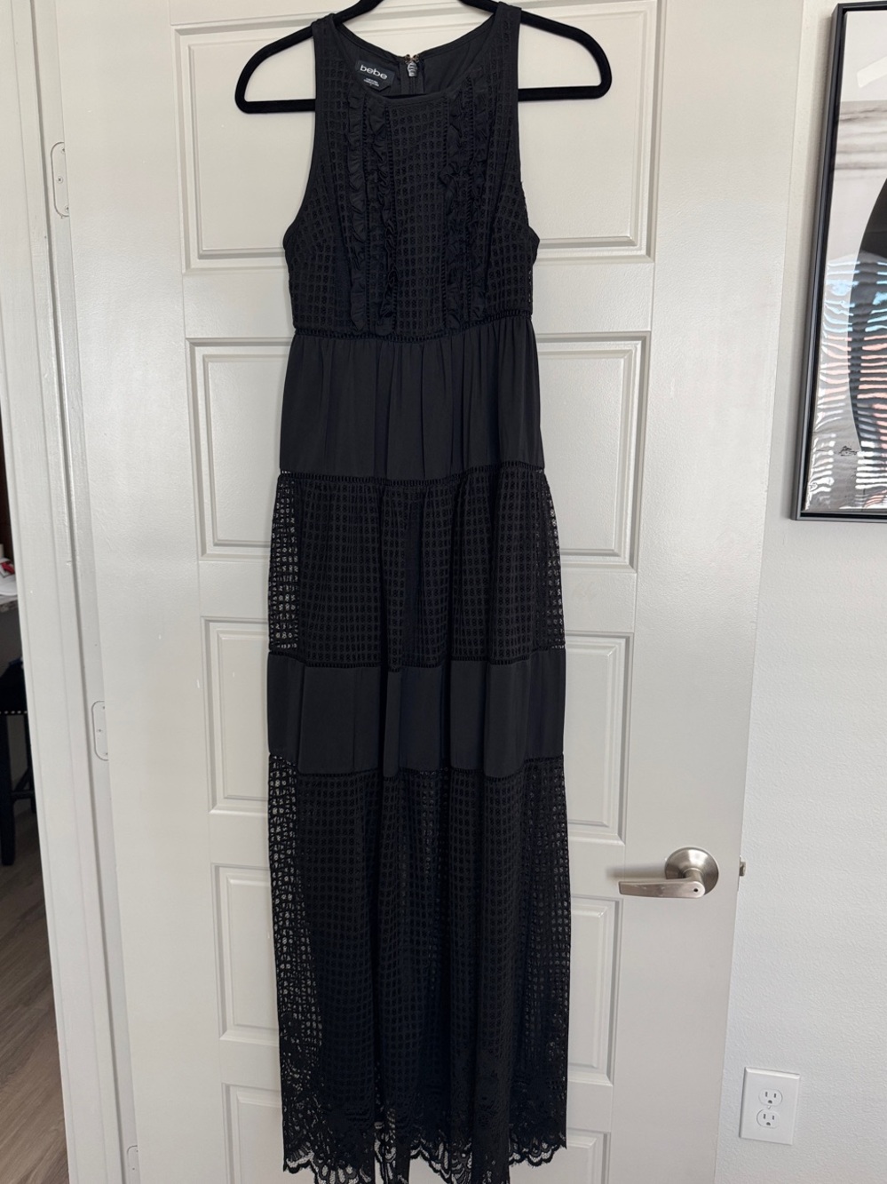 BEBE Black Crochet & Lace Tiered Maxi Dress, 4